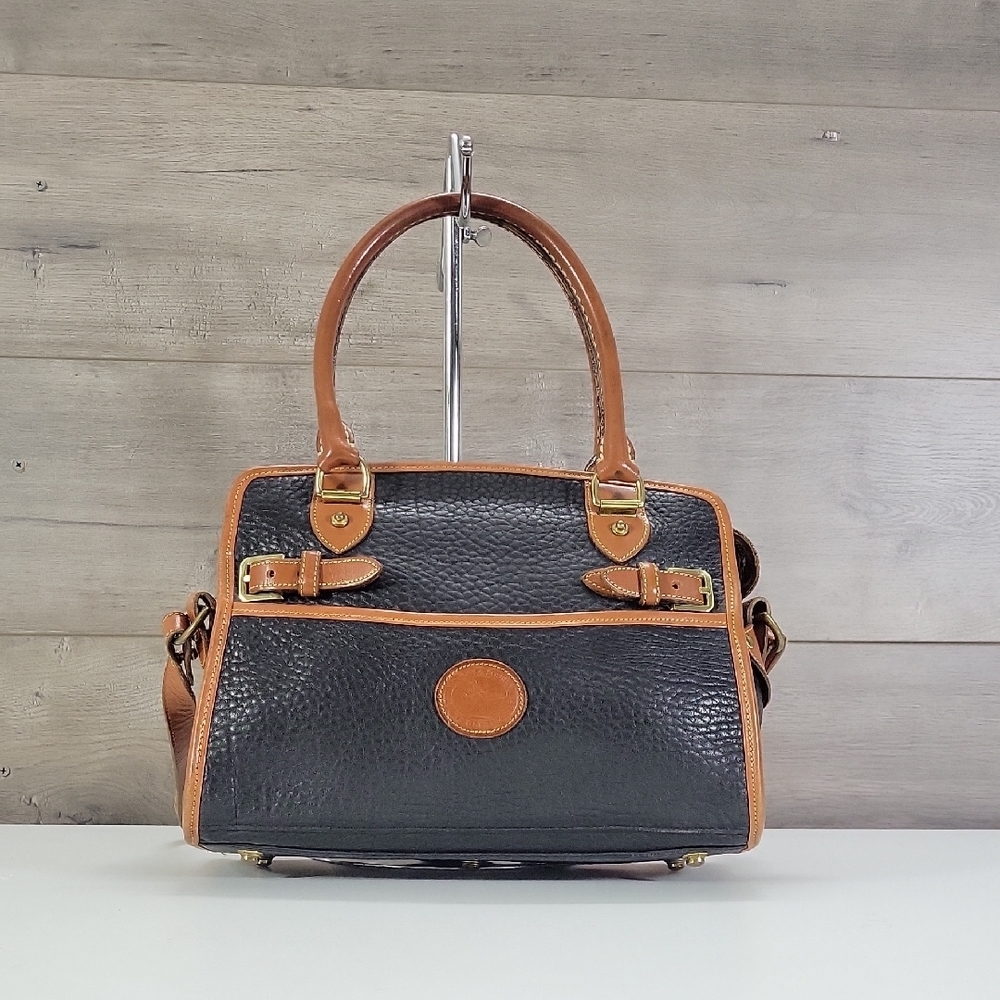Vintage Dooney & Bourke Black and Tan Pebble Leather Satchel Crossbody Bag